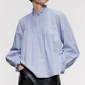 ZARA Blue Striped Women's Top With Ruffled Collar and Cuffs